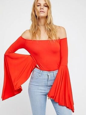 Free People-Birds Of Paradise- Off-Shoulder Bell Sleeve Top - Red